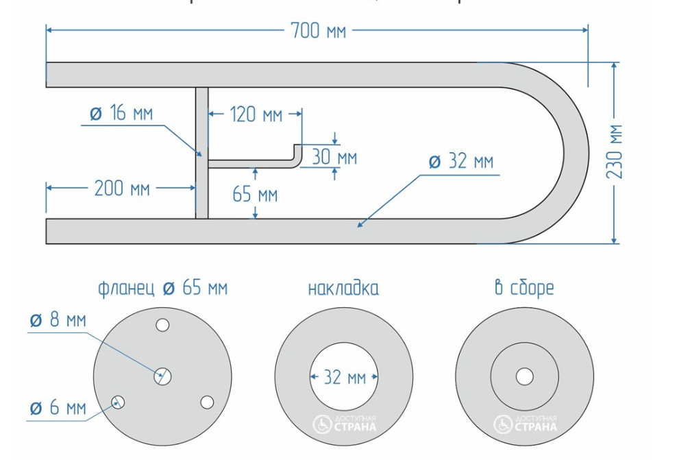 Поручень для унитаза двухопорный неоткидной с держателем туалетной бумаги 700х230мм Ø 32 — изображение 3