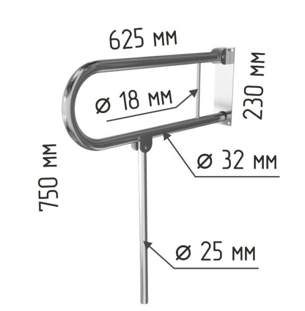 Поручень откидной для унитаза для инвалидов настенный откидной с опорой к полу 625х750 d32