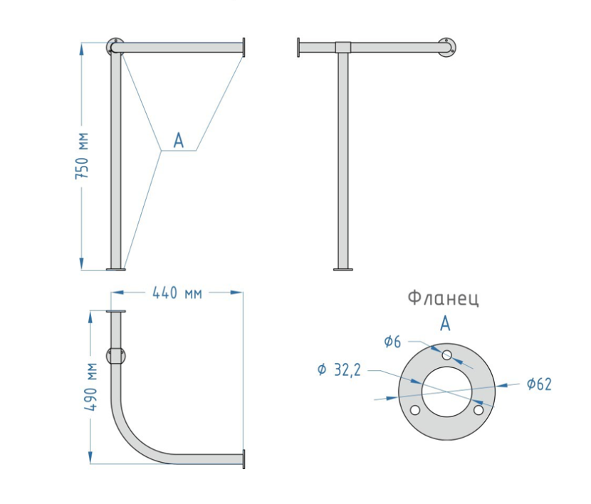 Поручень для угловой раковины арт. DS IF35 на стойке 440х490х750мм, универсальный — изображение 2