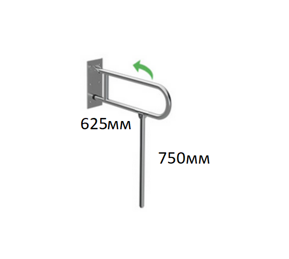 Поручень в санузел настенный откидной с опорой к полу 625х750 d40