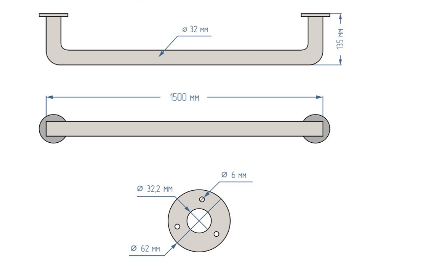Поручень для ванной прямой настенный 1500мм Ø 32 мм, для людей с ограниченными возможностями — изображение 2
