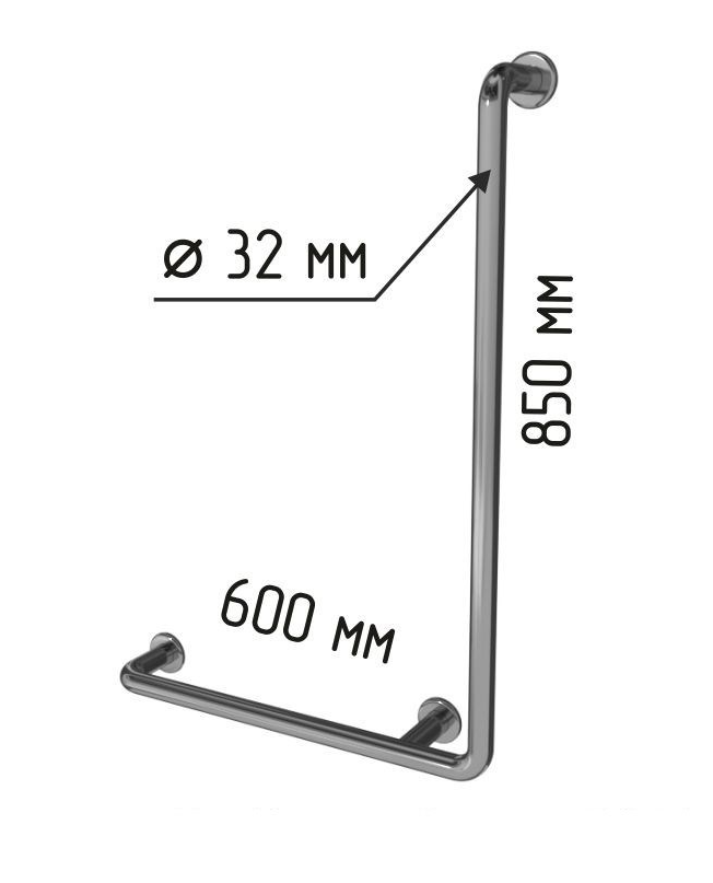 Поручень опроный для ванны и душа для МГН настенный Г-образный 850х600мм, левый