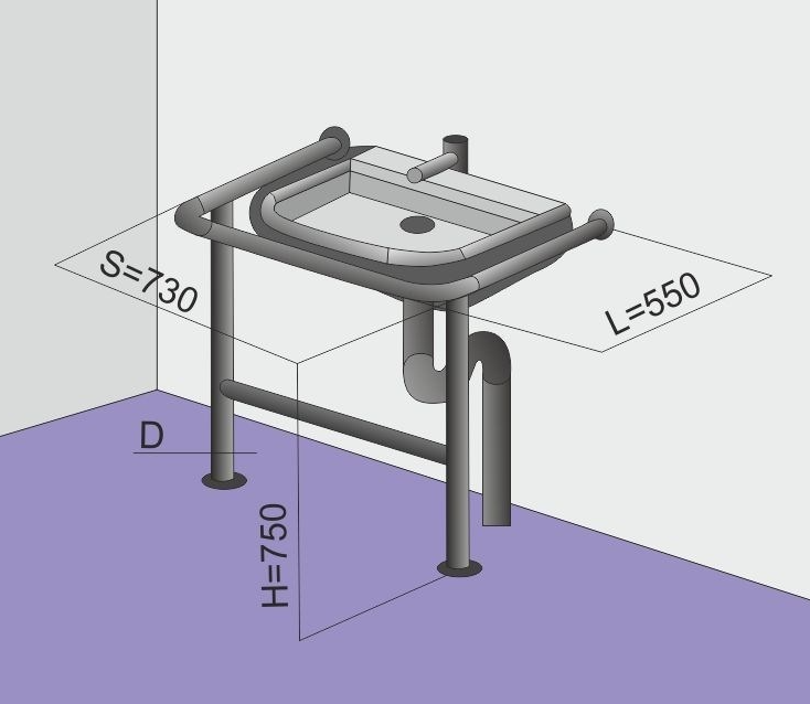 Поручень напольный на стойках для раковины с защитой слива 550х730х750мм — изображение 2