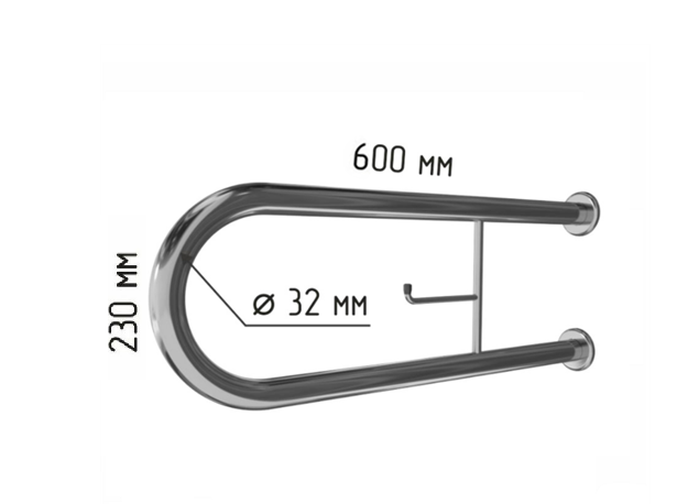 Поручень для унитаза двухопорный неоткидной с держателем туалетной бумаги по ГОСТ 600х230мм Ø 32