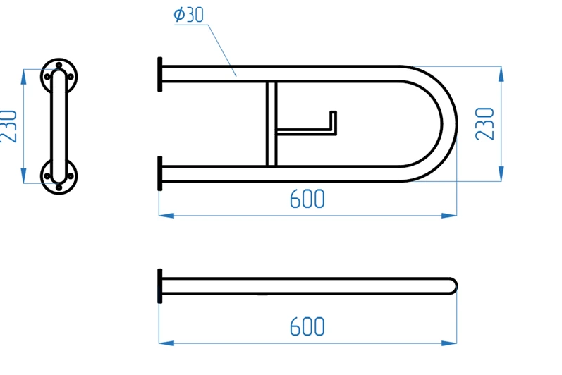 Поручень для унитаза двухопорный неоткидной с держателем туалетной бумаги 600х230мм, белый, диаметр трубы 30мм
