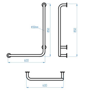Поручень для инвалидов в ванную настенный Г-образный 850х600мм, левый, белый, диаметр трубы 32мм