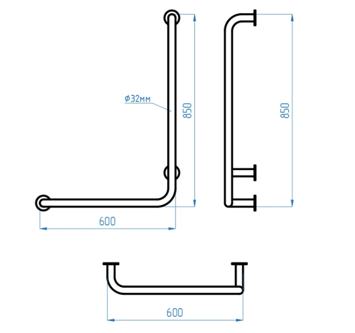 Поручень для инвалидов в ванную настенный Г-образный 850х600мм, левый, белый, диаметр трубы 32мм